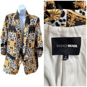 Fashion Nova Versace Inspired Gold Black White Shawl Collar Wrap Blazer Sz M #02